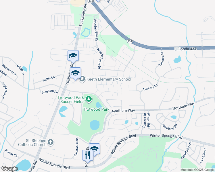 map of restaurants, bars, coffee shops, grocery stores, and more near 1454 Casa Park Circle in Winter Springs