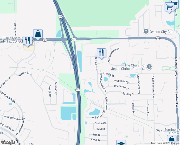 map of restaurants, bars, coffee shops, grocery stores, and more near 990 North Pine Avenue in Oviedo