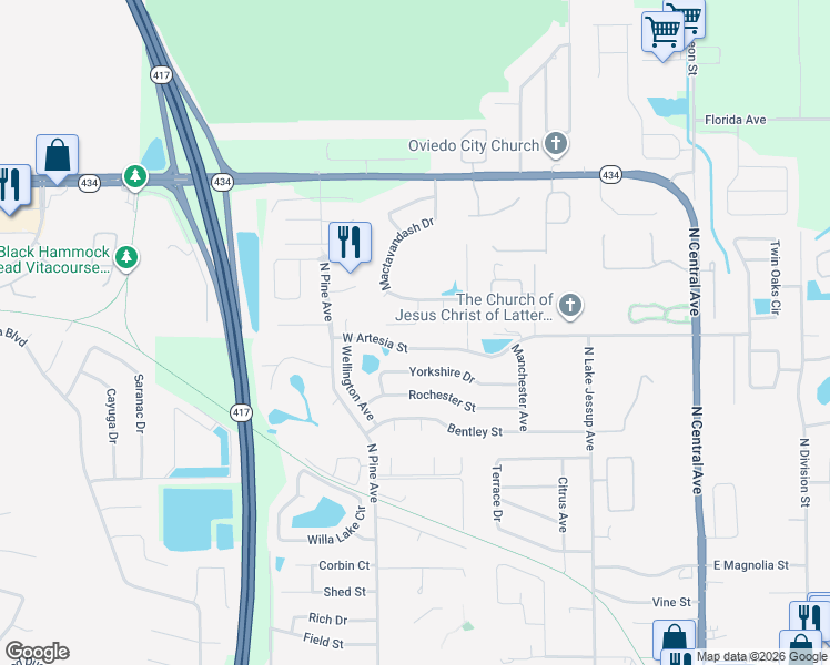 map of restaurants, bars, coffee shops, grocery stores, and more near 1060 Abbotsford Court in Oviedo