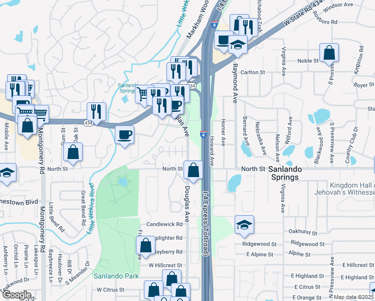 map of restaurants, bars, coffee shops, grocery stores, and more near 1001 Douglas Avenue in Altamonte Springs