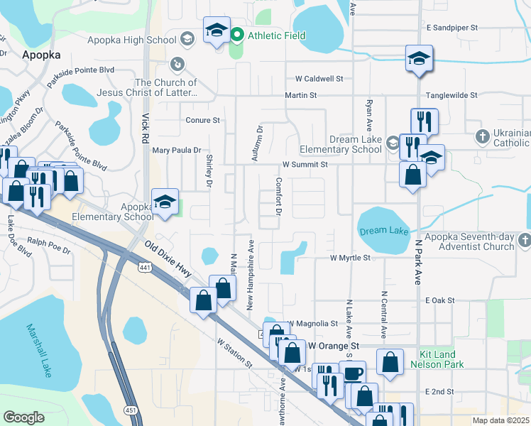 map of restaurants, bars, coffee shops, grocery stores, and more near 342 Bluff Lane in Apopka