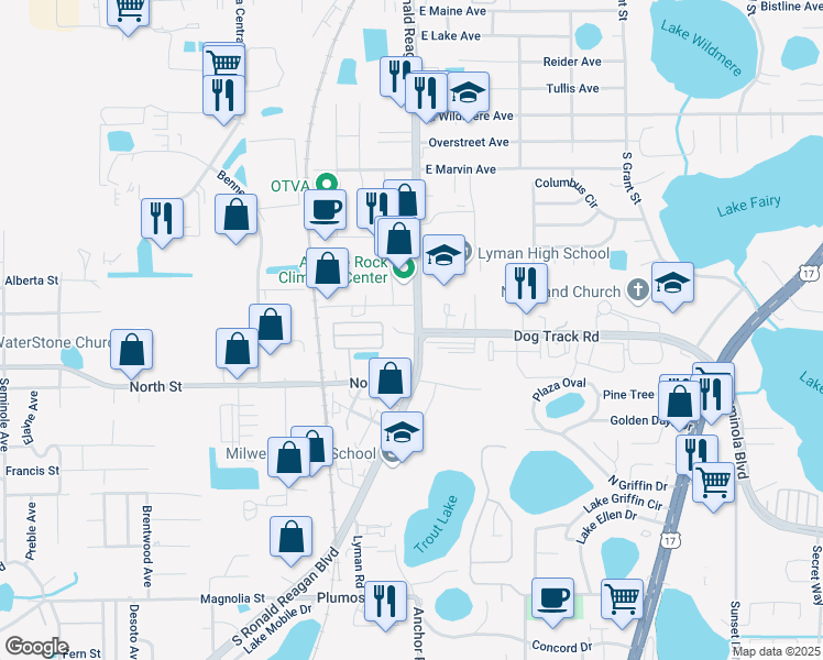 map of restaurants, bars, coffee shops, grocery stores, and more near 1050 South Ronald Reagan Boulevard in Longwood