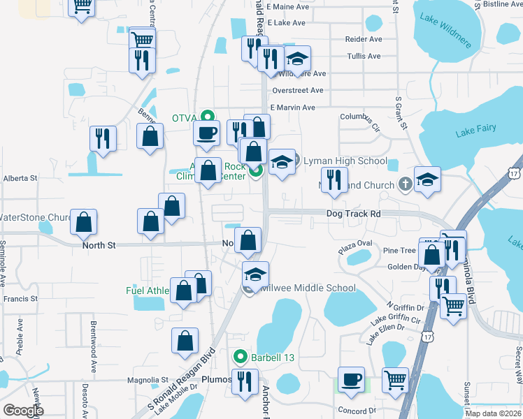 map of restaurants, bars, coffee shops, grocery stores, and more near 4005 South Ronald Reagan Boulevard in Longwood