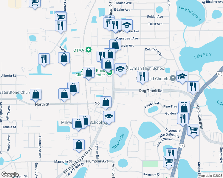 map of restaurants, bars, coffee shops, grocery stores, and more near 1050 South Ronald Reagan Boulevard in Longwood