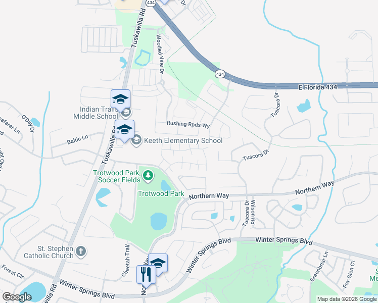 map of restaurants, bars, coffee shops, grocery stores, and more near 600 Casa Park North Court in Winter Springs