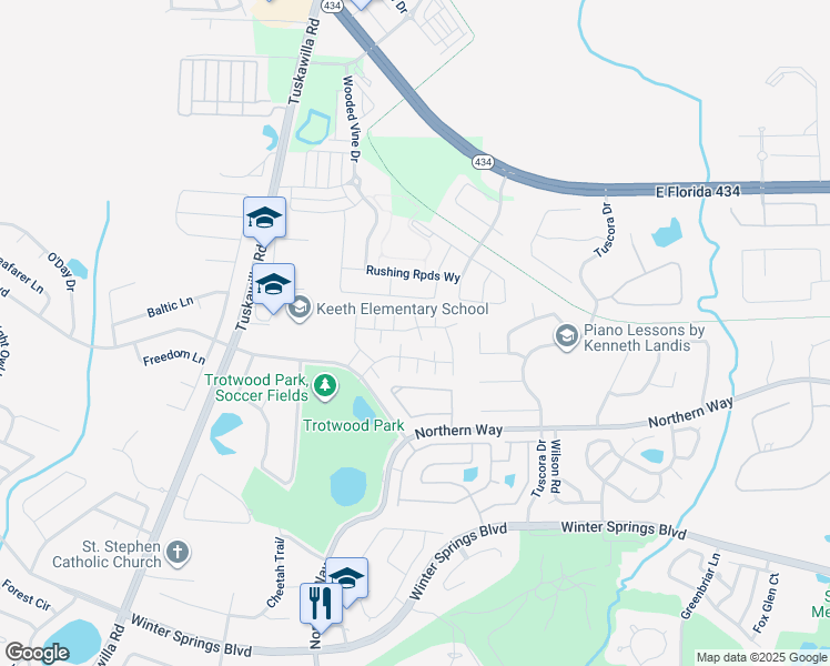 map of restaurants, bars, coffee shops, grocery stores, and more near 600 Casa Park North Court in Winter Springs