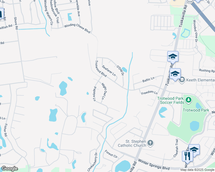 map of restaurants, bars, coffee shops, grocery stores, and more near 787 Nightowl Lane in Winter Springs