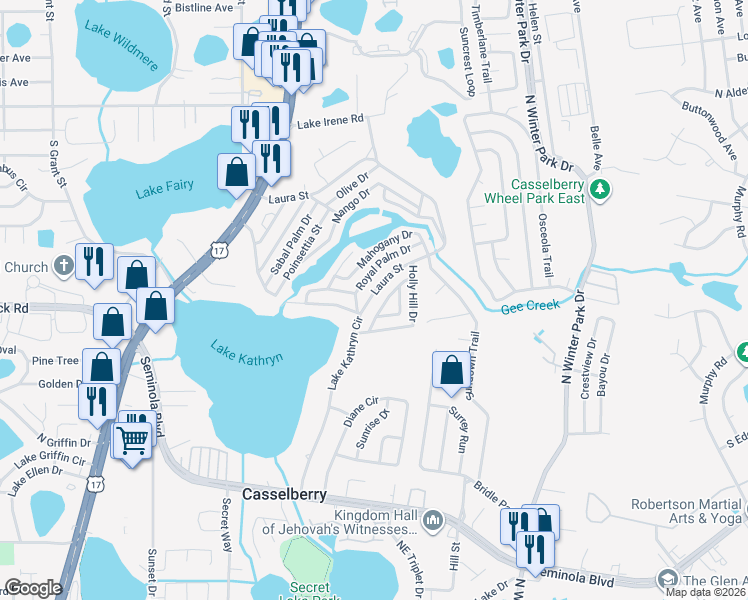 map of restaurants, bars, coffee shops, grocery stores, and more near 698 Honeysuckle Ln in Casselberry