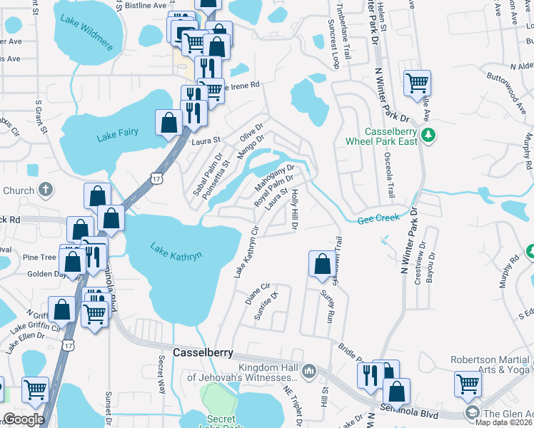 map of restaurants, bars, coffee shops, grocery stores, and more near 698 Honeysuckle Ln in Casselberry