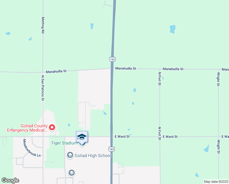 map of restaurants, bars, coffee shops, grocery stores, and more near 1455 U.S. 183 in Goliad