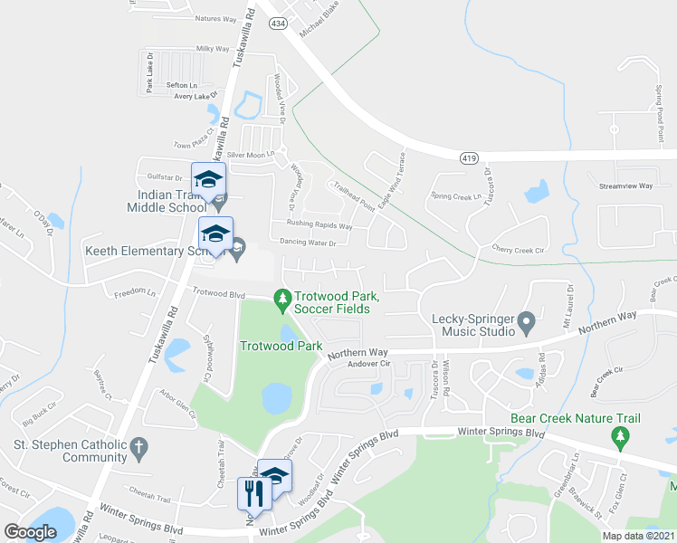 map of restaurants, bars, coffee shops, grocery stores, and more near 601 Casa Park North Court in Winter Springs