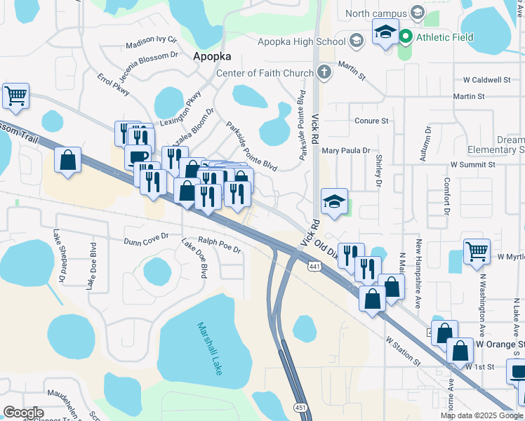 map of restaurants, bars, coffee shops, grocery stores, and more near 933 West Orange Blossom Trail in Apopka