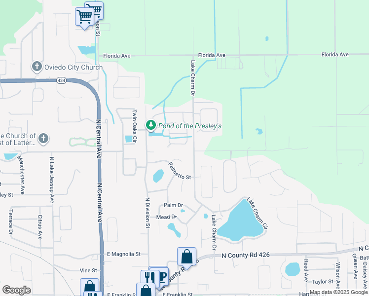 map of restaurants, bars, coffee shops, grocery stores, and more near 985 Lake Charm Drive in Oviedo