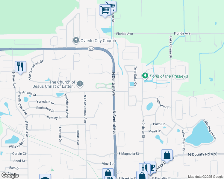 map of restaurants, bars, coffee shops, grocery stores, and more near 16 Canterbury Bell Drive in Oviedo