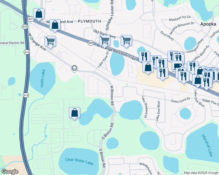 map of restaurants, bars, coffee shops, grocery stores, and more near 316 Sheppard Lake Court in Apopka
