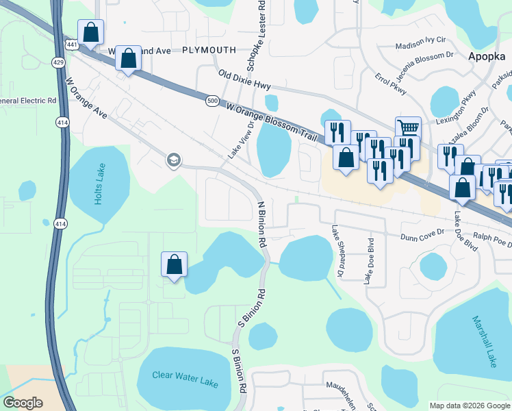 map of restaurants, bars, coffee shops, grocery stores, and more near 316 Sheppard Lake Court in Apopka