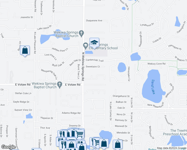 map of restaurants, bars, coffee shops, grocery stores, and more near 411 Shelby Court in Apopka
