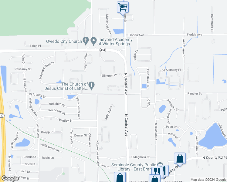 map of restaurants, bars, coffee shops, grocery stores, and more near 100 Canterbury Bell Drive in Oviedo