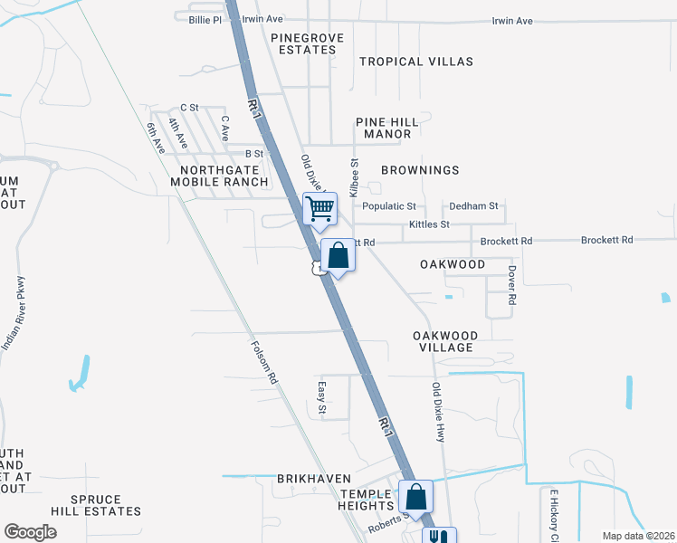 map of restaurants, bars, coffee shops, grocery stores, and more near 3515 Brockett Road in Mims
