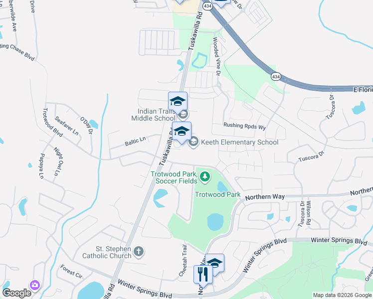 map of restaurants, bars, coffee shops, grocery stores, and more near 600 Tuskawilla Road in Winter Springs