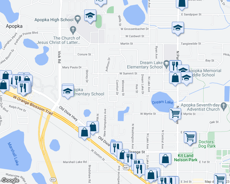 map of restaurants, bars, coffee shops, grocery stores, and more near 316 Hideout Lane in Apopka