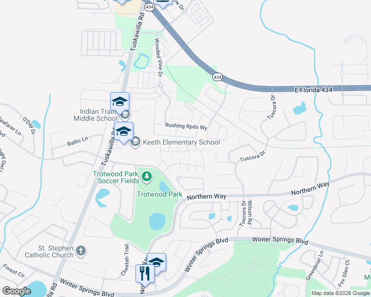 map of restaurants, bars, coffee shops, grocery stores, and more near 432 Dancing Water Drive in Winter Springs