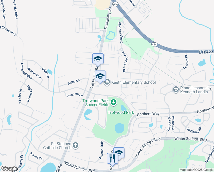 map of restaurants, bars, coffee shops, grocery stores, and more near 425 Tuskawilla Road in Winter Springs