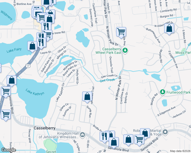 map of restaurants, bars, coffee shops, grocery stores, and more near 811 Osceola Trail in Casselberry