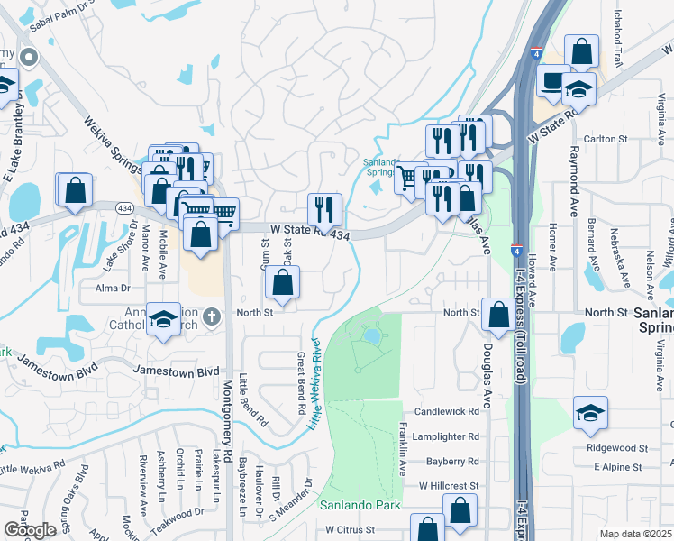 map of restaurants, bars, coffee shops, grocery stores, and more near 1105 Kensington Park Drive in Altamonte Springs