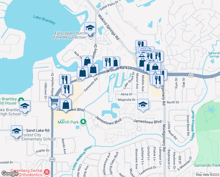 map of restaurants, bars, coffee shops, grocery stores, and more near 108 Mohawk Avenue in Altamonte Springs
