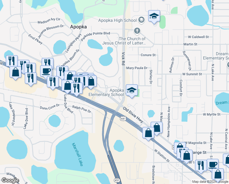 map of restaurants, bars, coffee shops, grocery stores, and more near 721 Ashworth Overlook Drive in Apopka