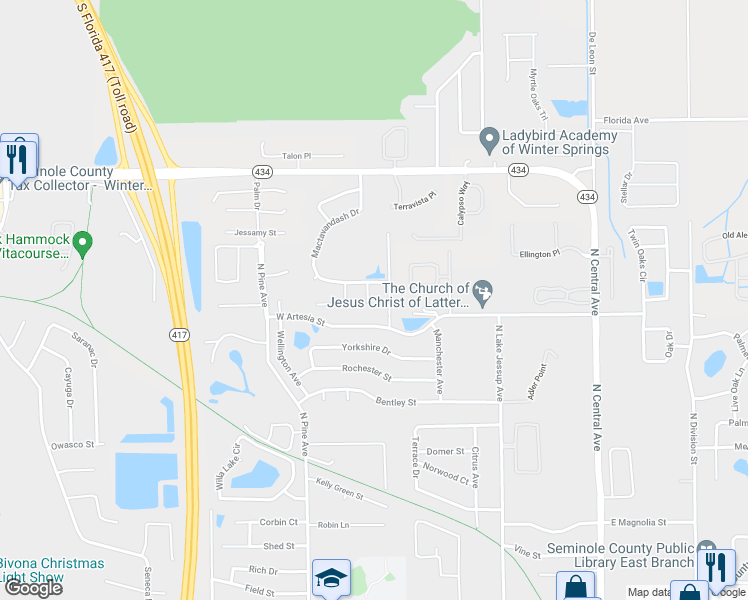 map of restaurants, bars, coffee shops, grocery stores, and more near 1078 Old Coventry Court in Oviedo