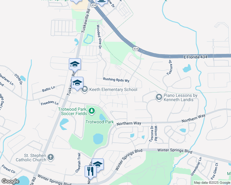 map of restaurants, bars, coffee shops, grocery stores, and more near 606 Casa Park Circle in Winter Springs