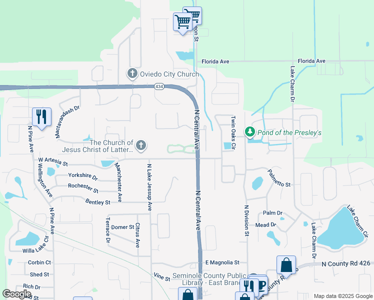 map of restaurants, bars, coffee shops, grocery stores, and more near 81 Canterbury Bell Drive in Oviedo