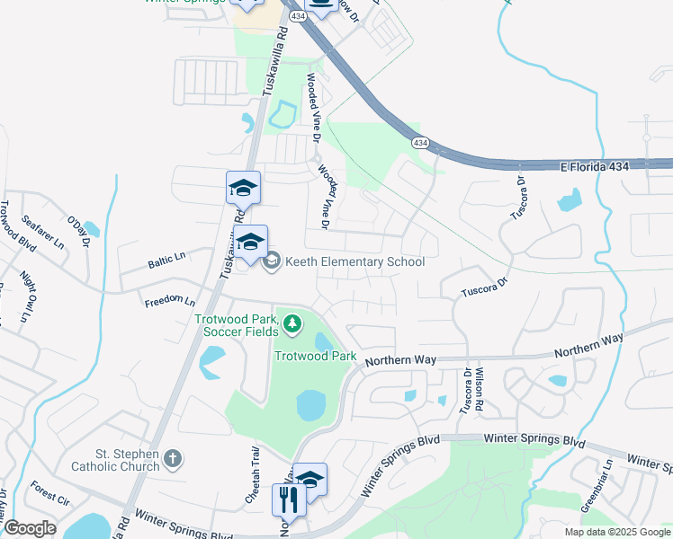map of restaurants, bars, coffee shops, grocery stores, and more near 611 Casa Park I Court in Winter Springs