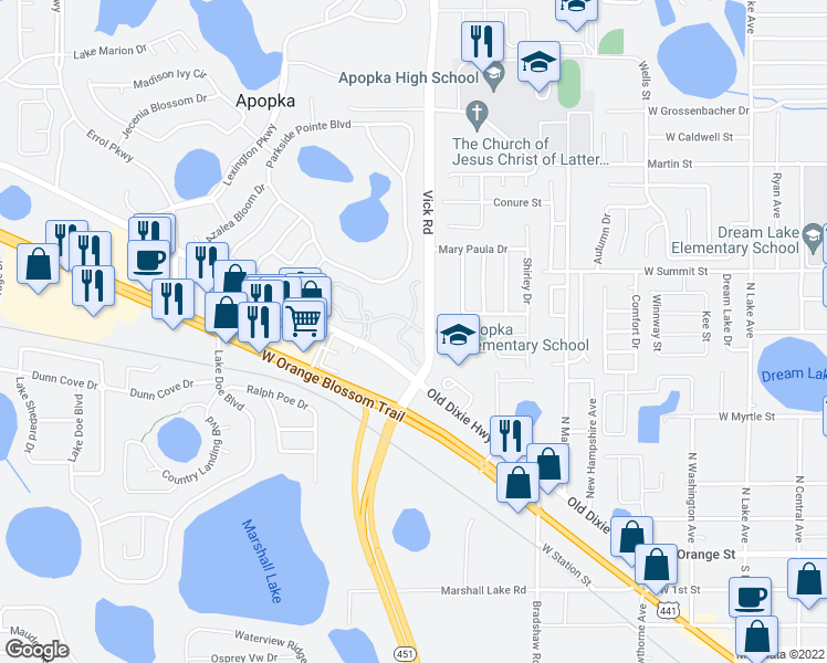 map of restaurants, bars, coffee shops, grocery stores, and more near 718 Ashworth Overlook Drive in Apopka