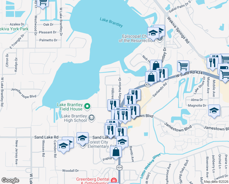 map of restaurants, bars, coffee shops, grocery stores, and more near 117 Hillcrest Drive in Longwood