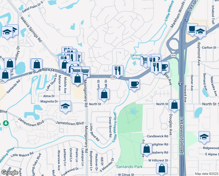 map of restaurants, bars, coffee shops, grocery stores, and more near 111 Oak Street in Altamonte Springs