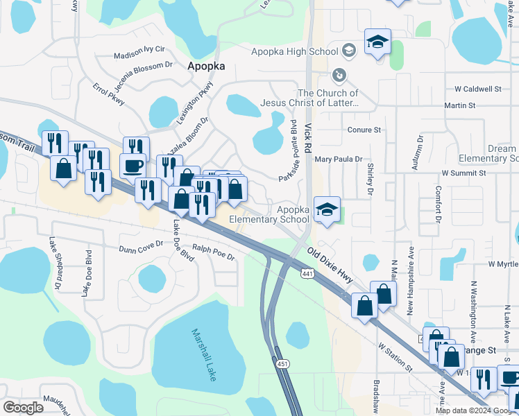 map of restaurants, bars, coffee shops, grocery stores, and more near 814 Ashworth Overlook Drive in Apopka
