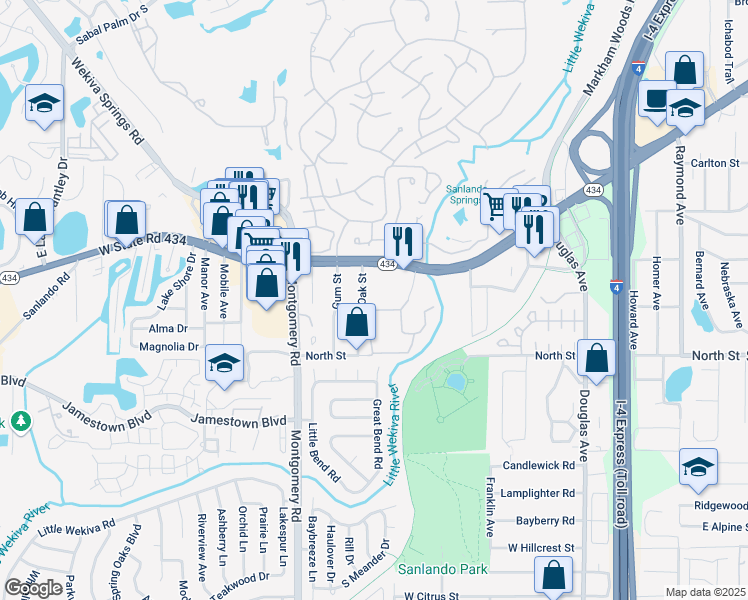map of restaurants, bars, coffee shops, grocery stores, and more near 111 Oak Street in Altamonte Springs