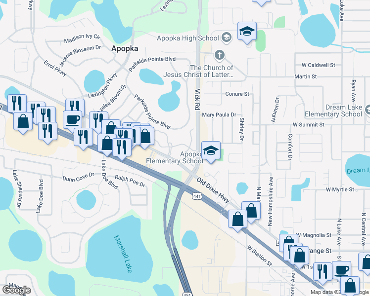 map of restaurants, bars, coffee shops, grocery stores, and more near 721 Ashworth Overlook Drive in Apopka