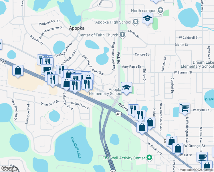 map of restaurants, bars, coffee shops, grocery stores, and more near 787 Ashworth Overlook Drive in Apopka