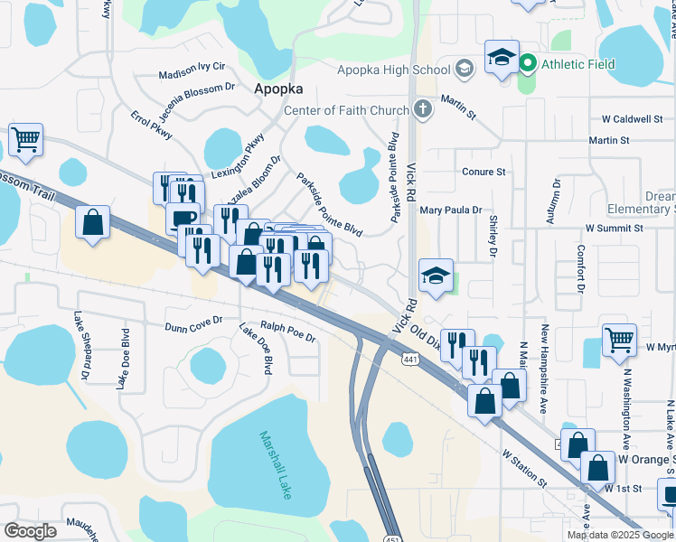 map of restaurants, bars, coffee shops, grocery stores, and more near 838 Ashworth Overlook Drive in Apopka