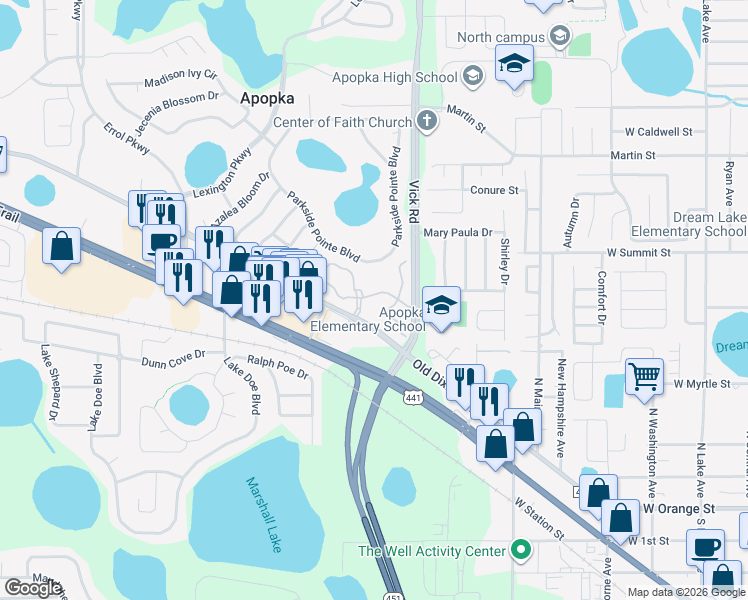 map of restaurants, bars, coffee shops, grocery stores, and more near 787 Ashworth Overlook Drive in Apopka