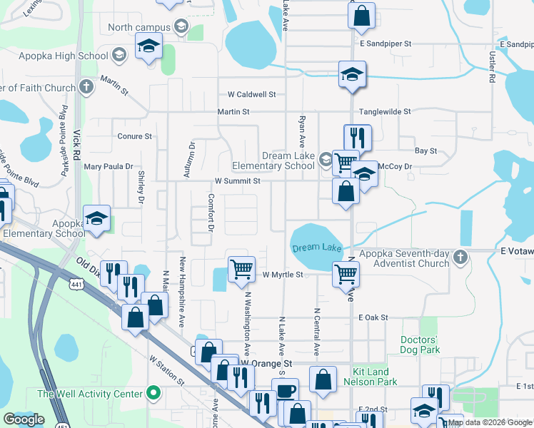 map of restaurants, bars, coffee shops, grocery stores, and more near 416 Dream Lake Drive in Apopka