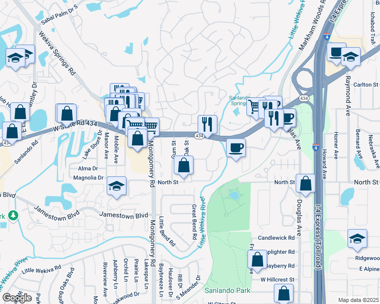 map of restaurants, bars, coffee shops, grocery stores, and more near 111 Oak Street in Altamonte Springs