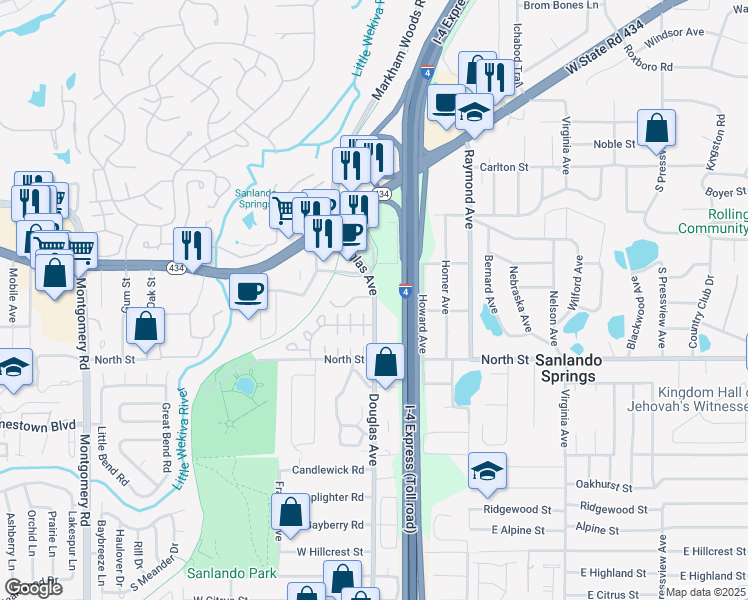 map of restaurants, bars, coffee shops, grocery stores, and more near 1097 Douglas Avenue in Altamonte Springs