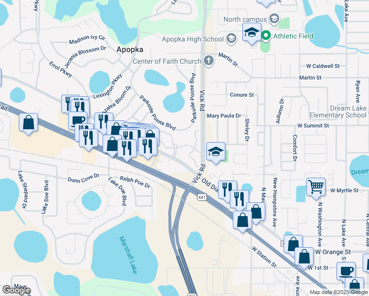 map of restaurants, bars, coffee shops, grocery stores, and more near 787 Ashworth Overlook Drive in Apopka