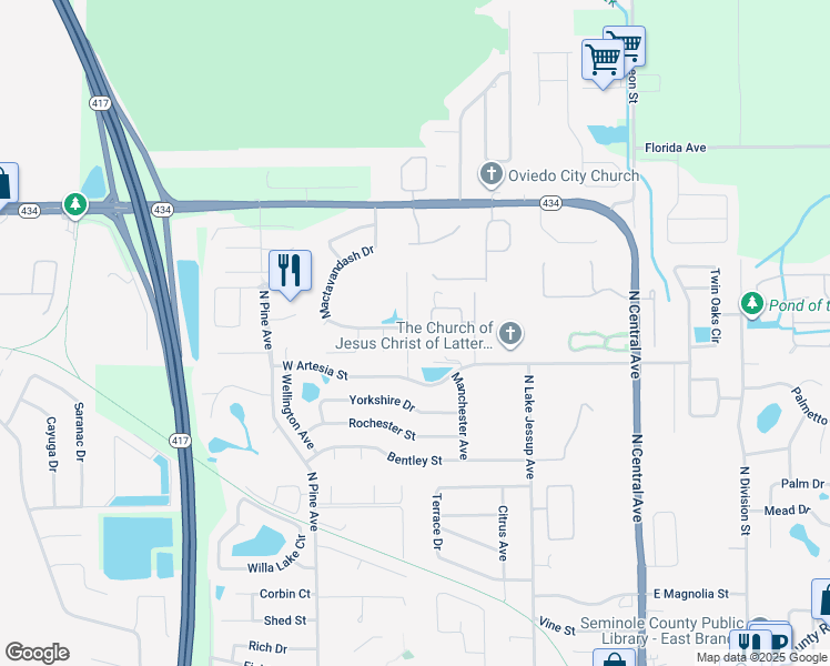 map of restaurants, bars, coffee shops, grocery stores, and more near 1096 New Castle Court in Oviedo