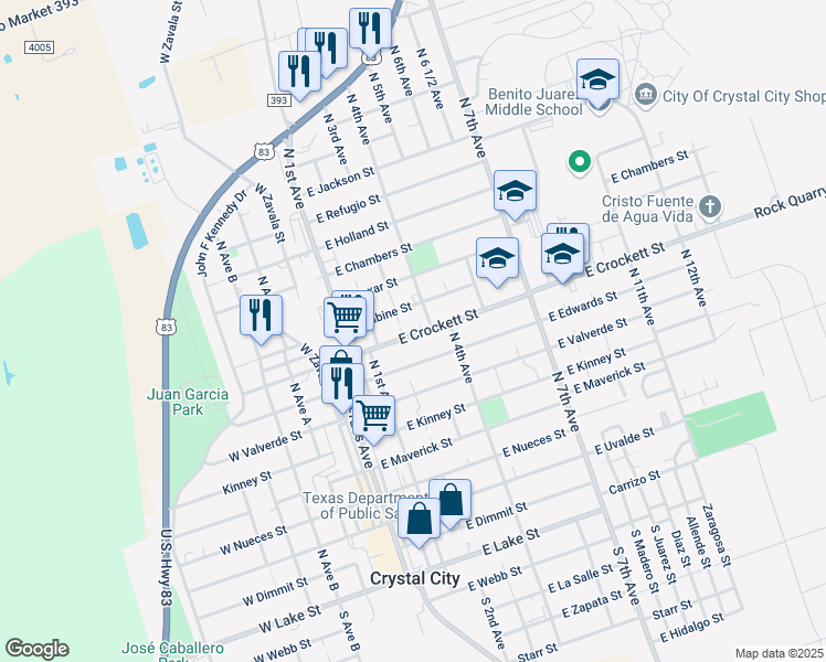map of restaurants, bars, coffee shops, grocery stores, and more near 411 East Crockett Street in Crystal City